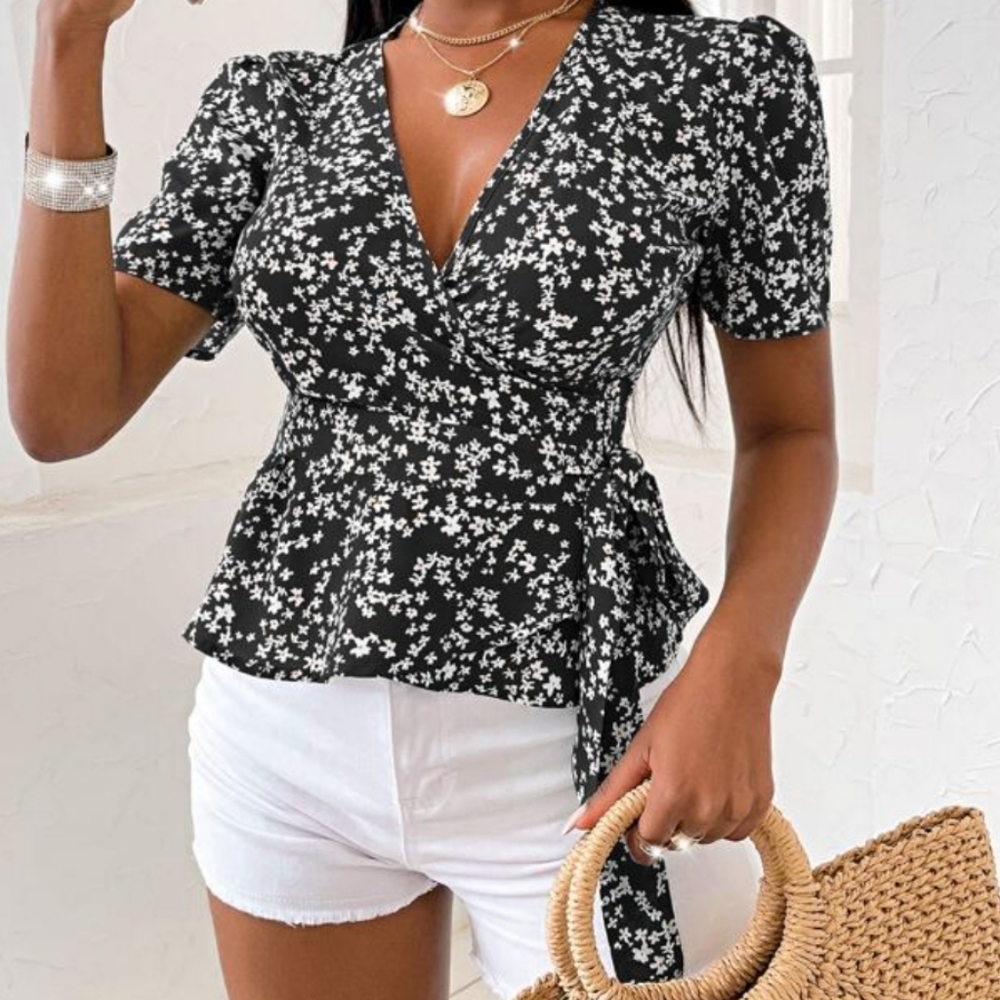 SHEIN ditsy floral knot side wrap blouse